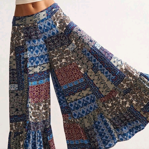 NEW WOMENS WOVEN PRINTED LOOSE WIDE LEG PANTS - Picture 1 of 6
